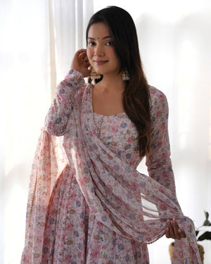 Heavy Orange Chiffon Floral Print Printed Anarkali Set – White Pink