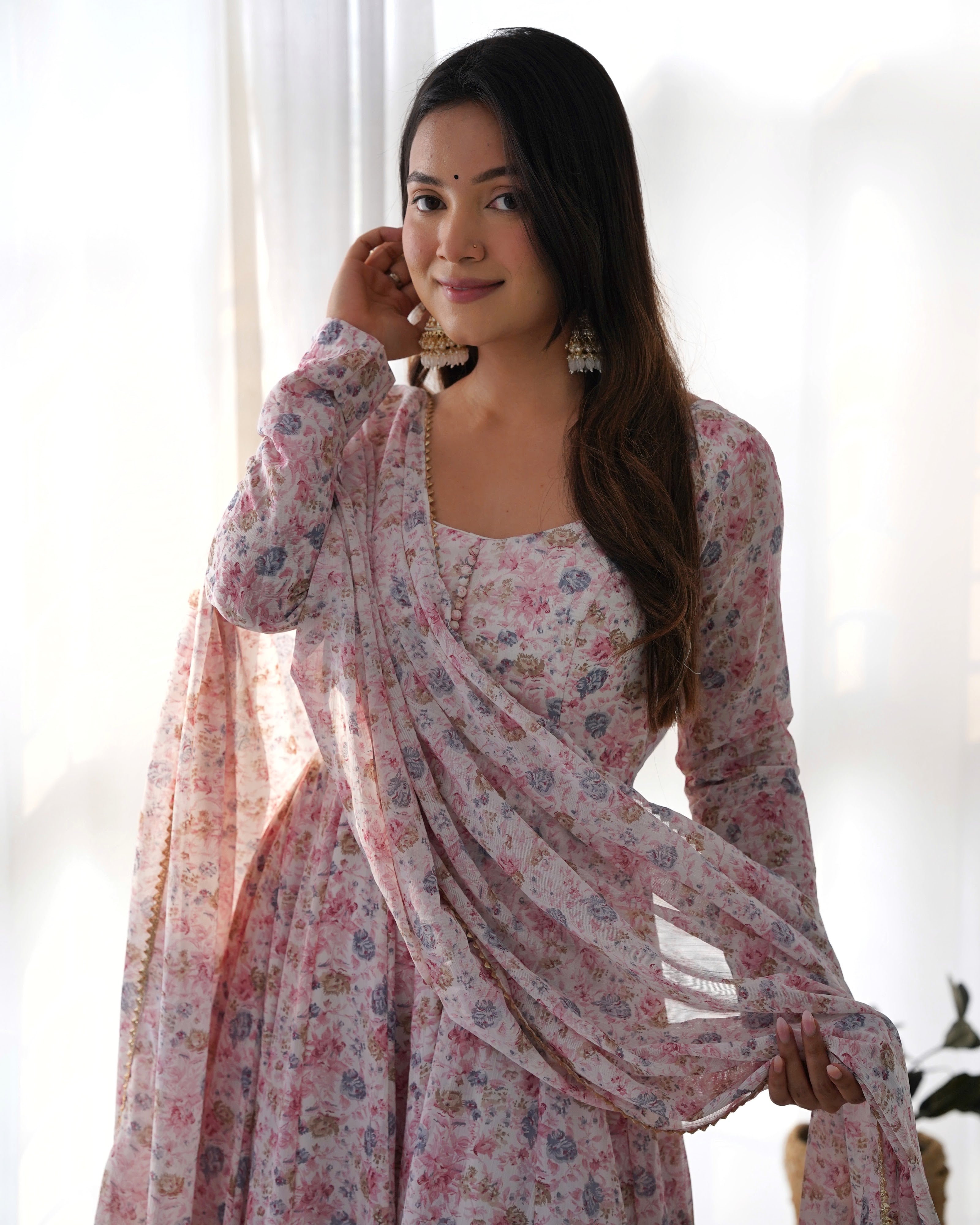 Heavy Orange Chiffon Floral Print Printed Anarkali Set – White Pink