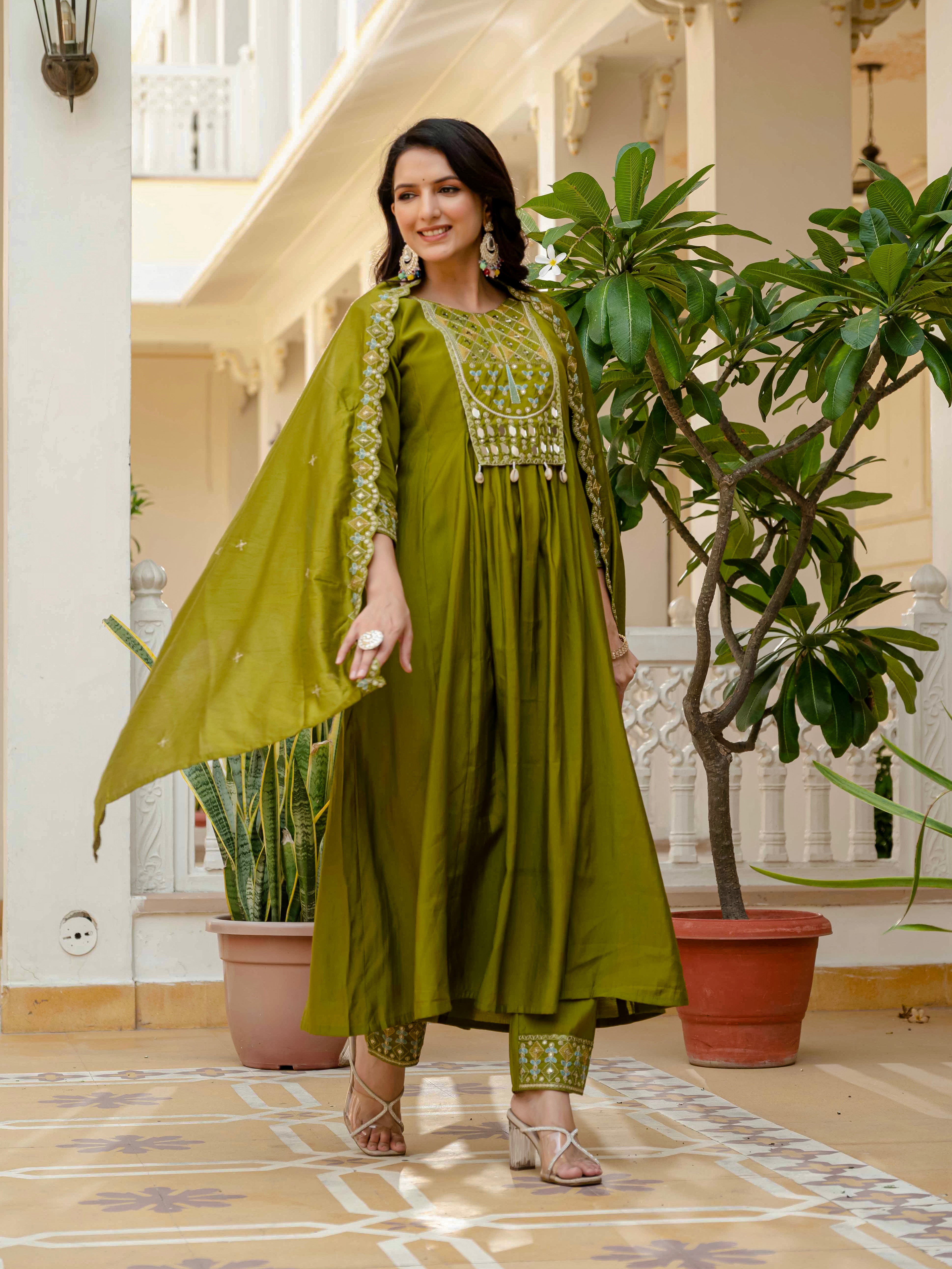 Viscose Roman Silk Embroidered Anarkali Kurti Set – Mahendi