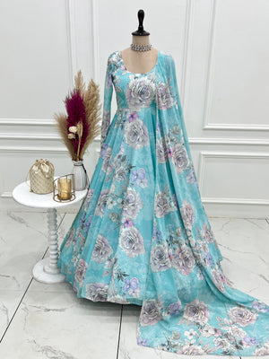 Georgette Printed Gown Set – Sky Blue Floral