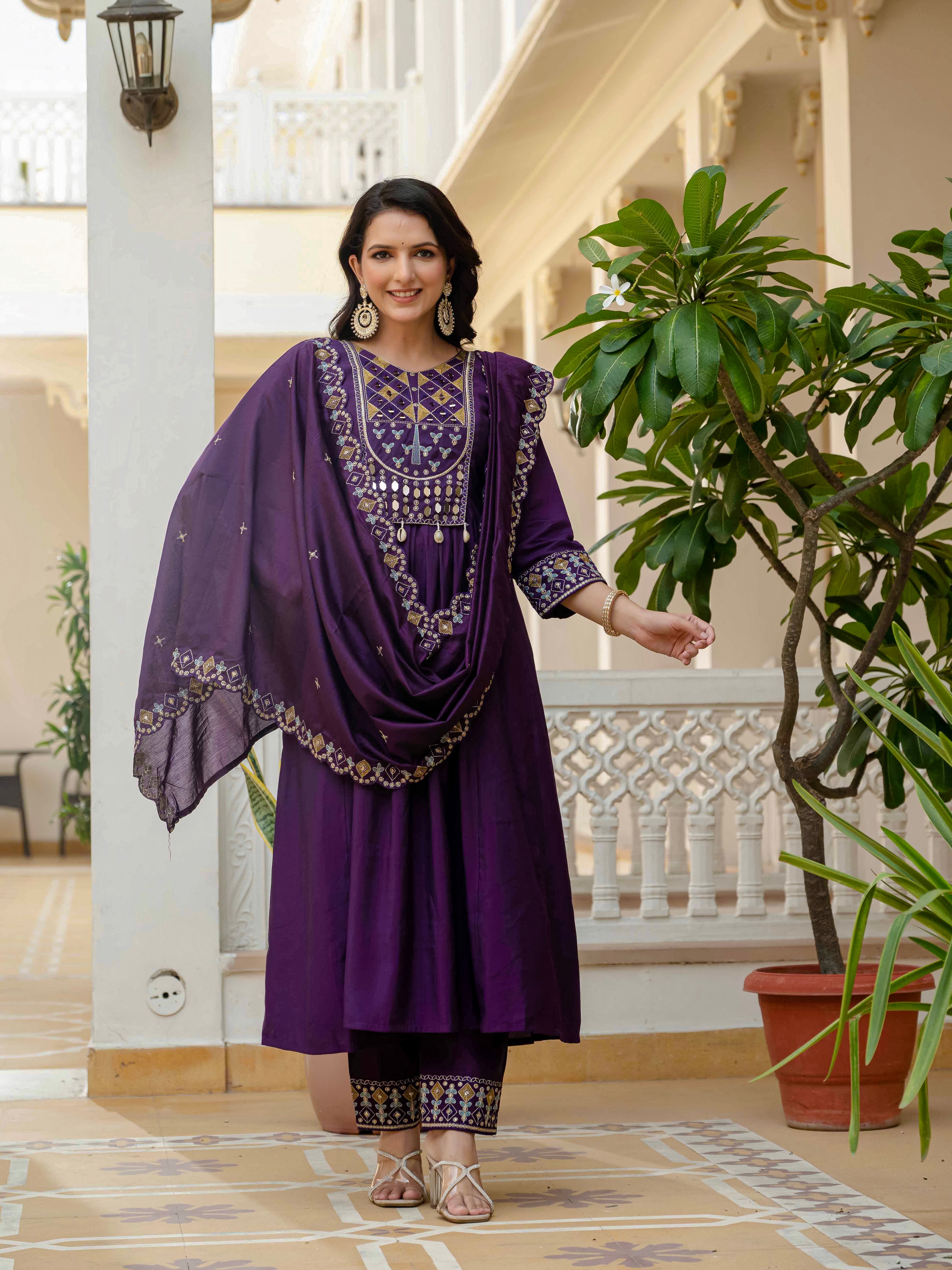 Viscose Roman Silk Embroidered Anarkali Kurti Set – Purple