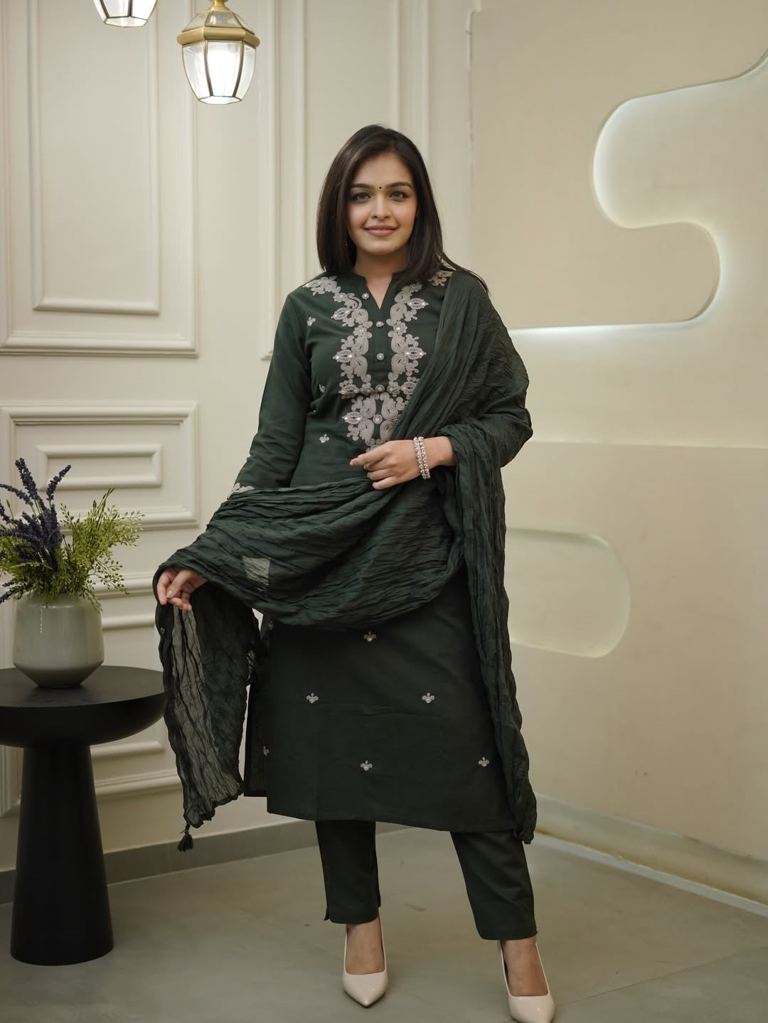 Rayon Slub Embroidered Kurta Pant Dupatta Set – Dark Green