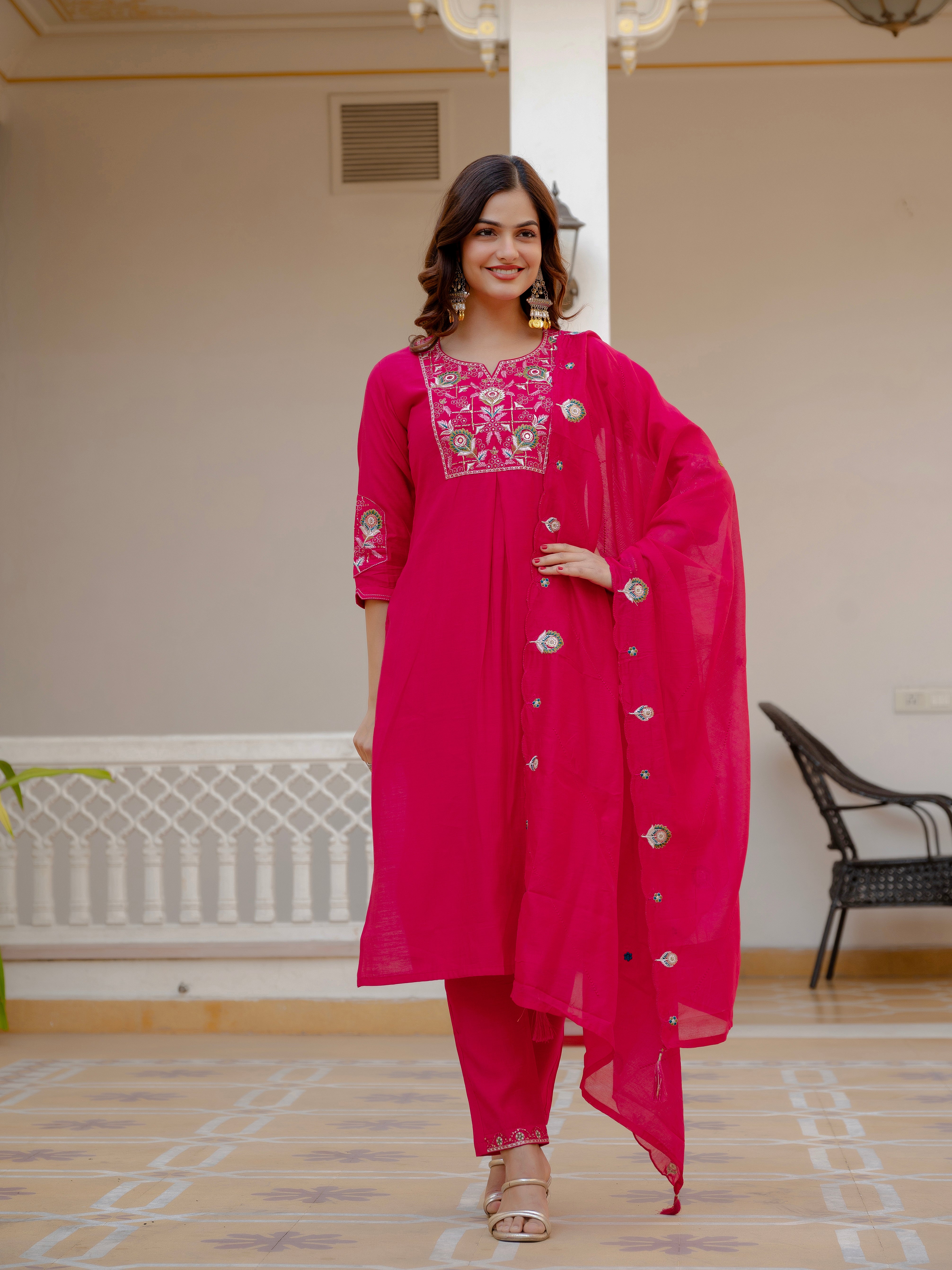 Pure Viscose Mango Silk Embroidered Straight Kurti Set – Pink