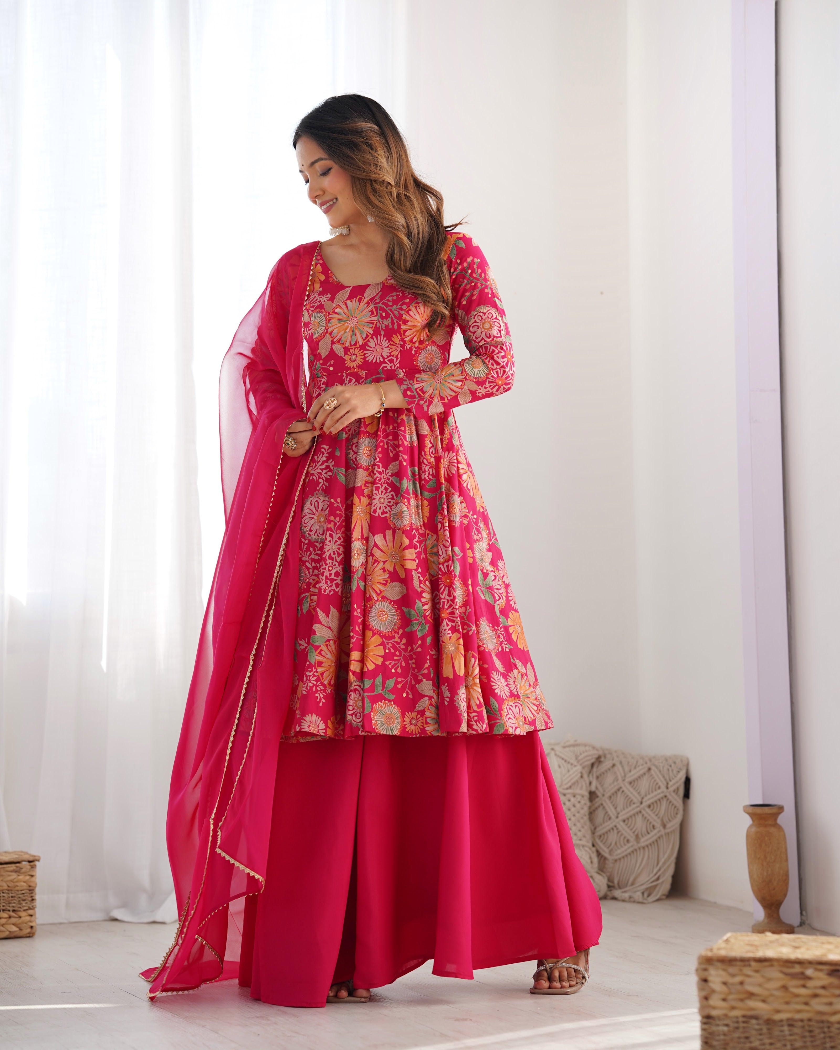 Roman Chanderi Silk Printed Kurta-Palazzo Set – Pink