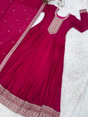 Vichitra Silk Embroidered Gown Set – Dark Pink