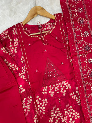 Pure Cotton Embroidered Straight Kurti Set – Red