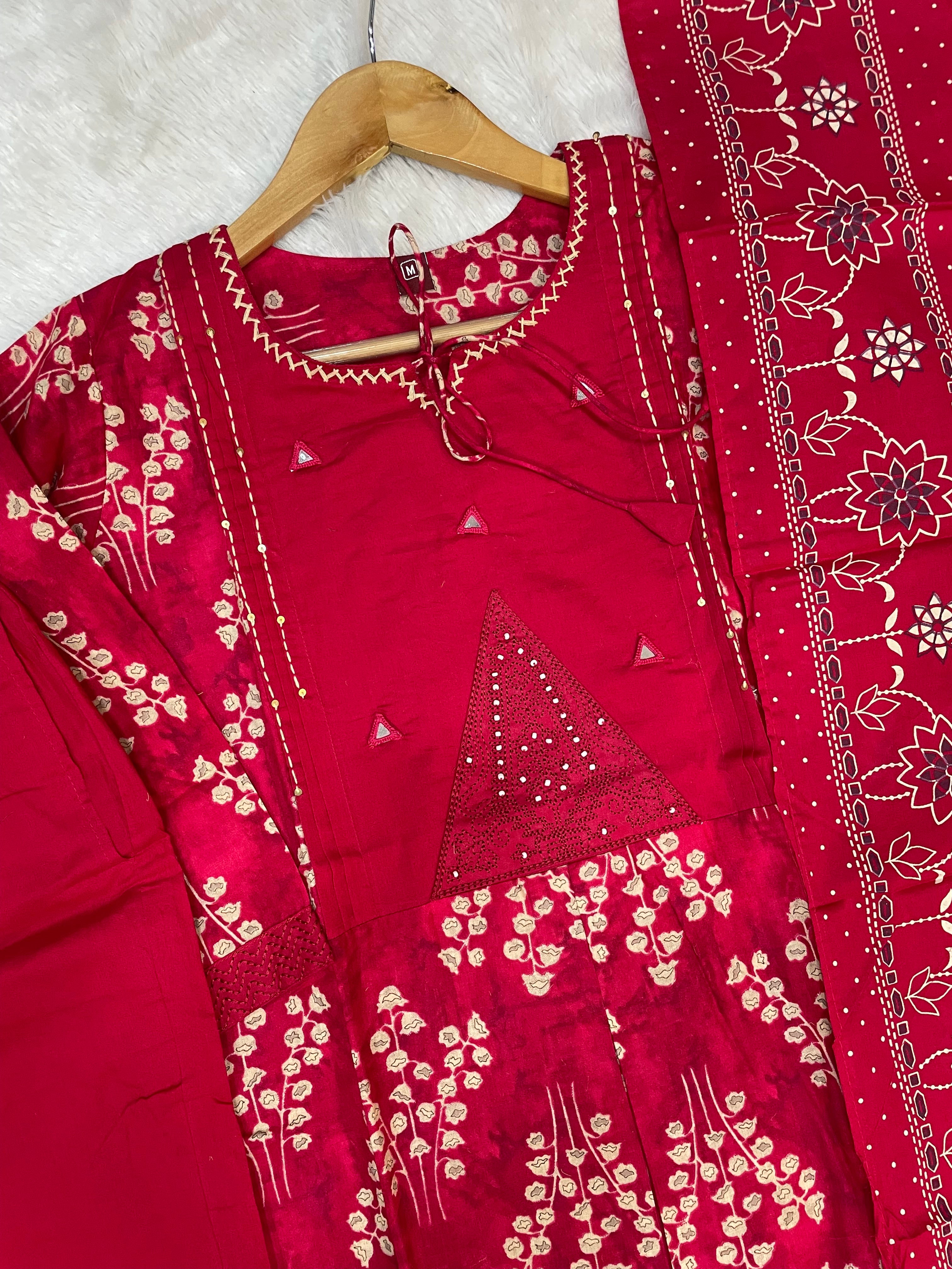 Pure Cotton Embroidered Straight Kurti Set – Red