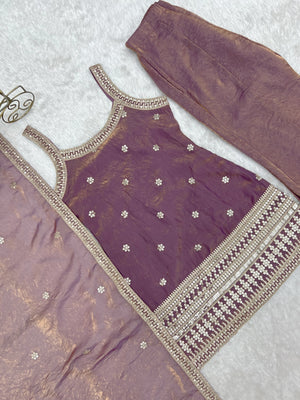 Frendy Silk Embroidered Bell Bottom Set – Wine