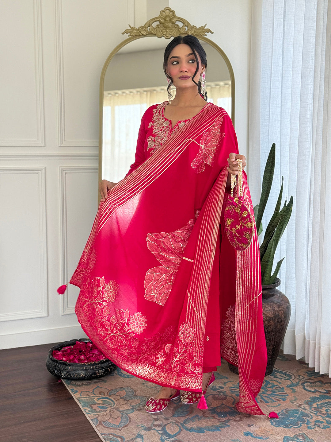 Roman Silk Embroidered Kurta Pant Dupatta Set – Rani Pink