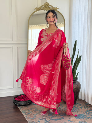 Roman Silk Embroidered Kurta Pant Dupatta Set – Rani Pink
