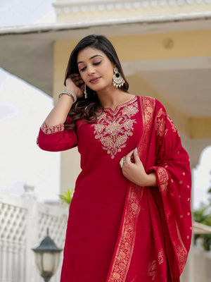 Premium Roman Silk Embroidered Straight Kurti Set – Maroon