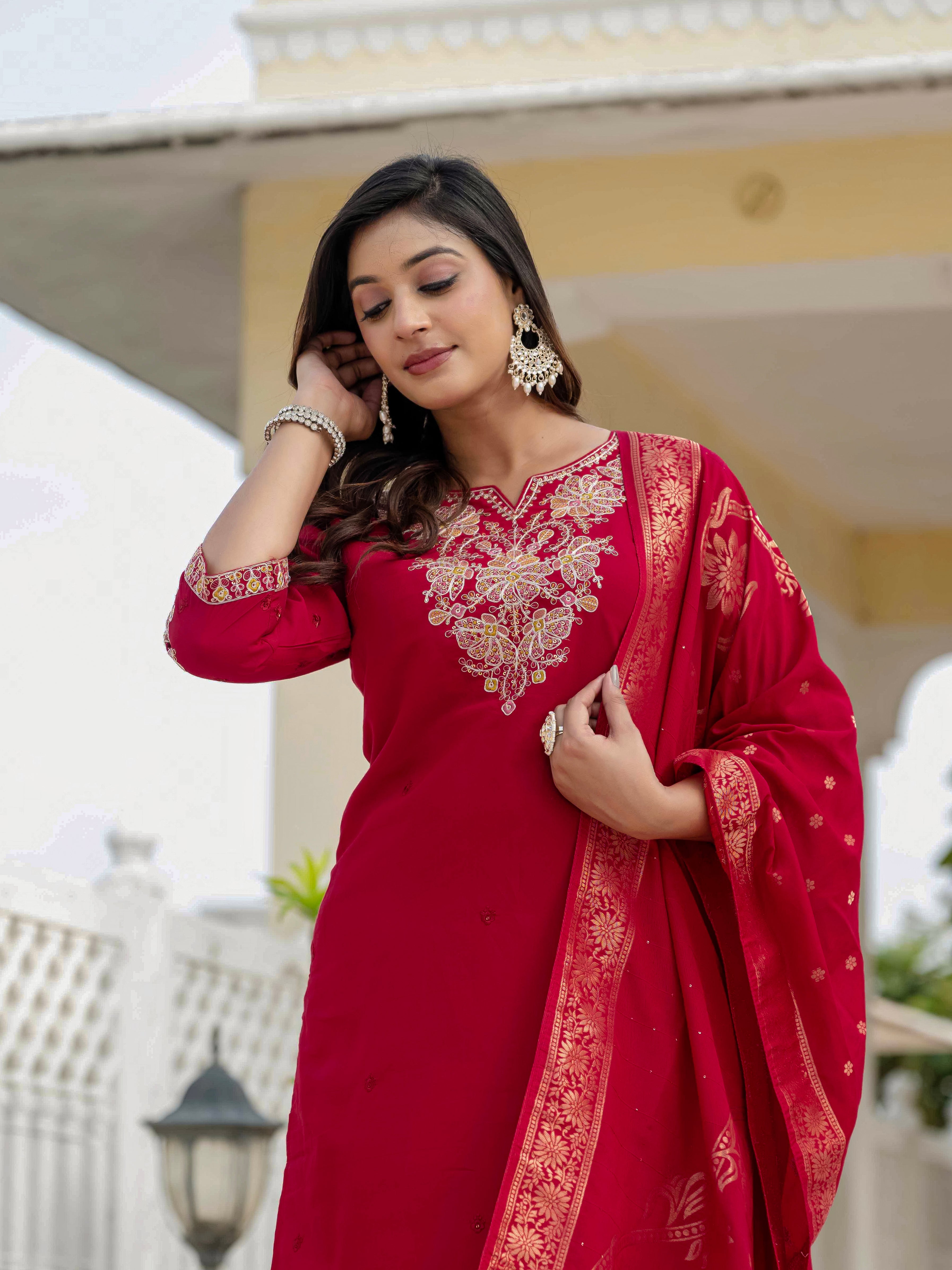 Premium Roman Silk Embroidered Straight Kurti Set – Maroon