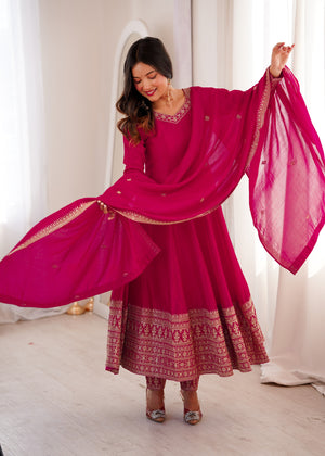 Vichitra Silk Embroidered Anarkali Set – Rani Pink