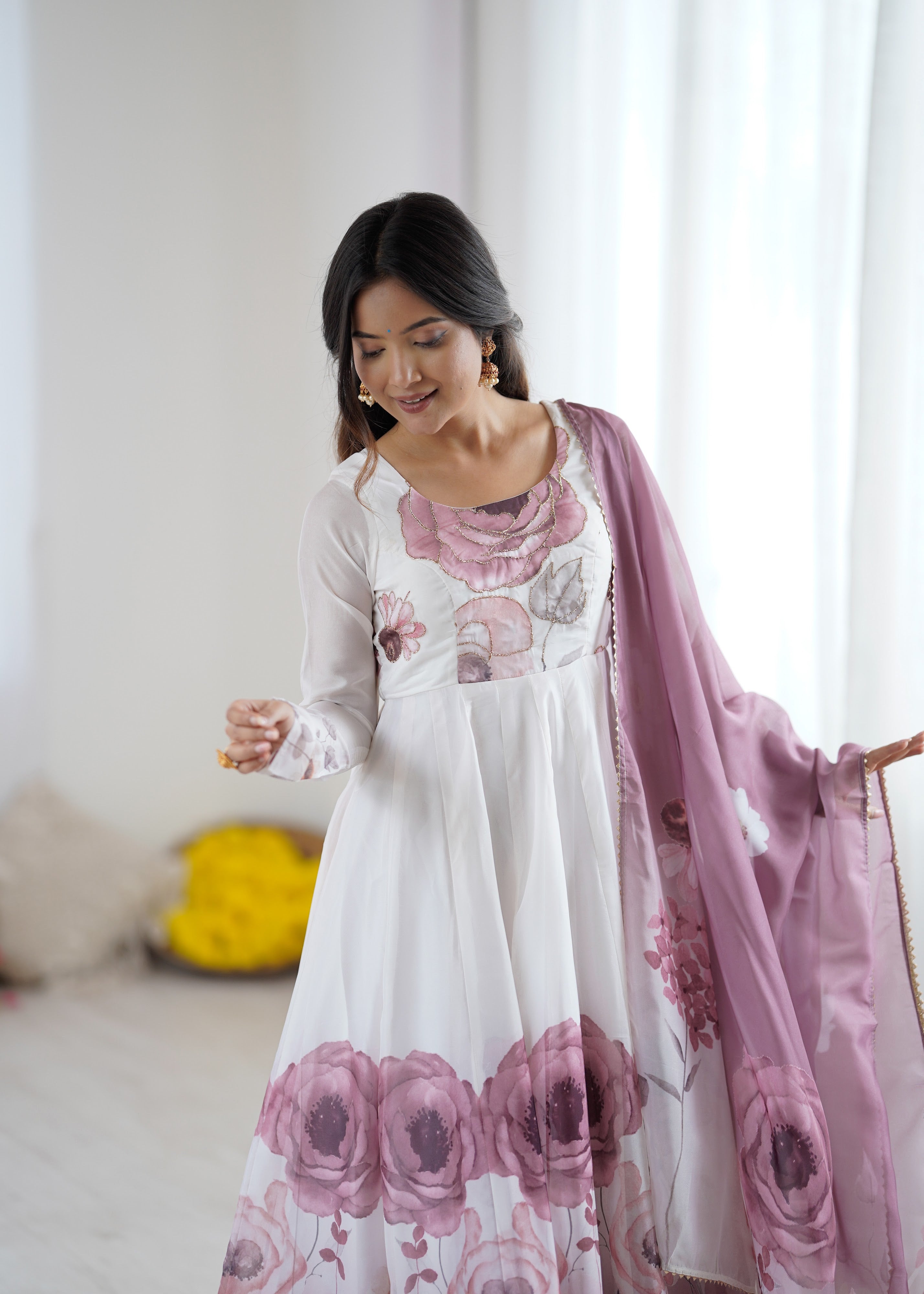 Organza Silk Printed Anarkali Set – Lilac Floral