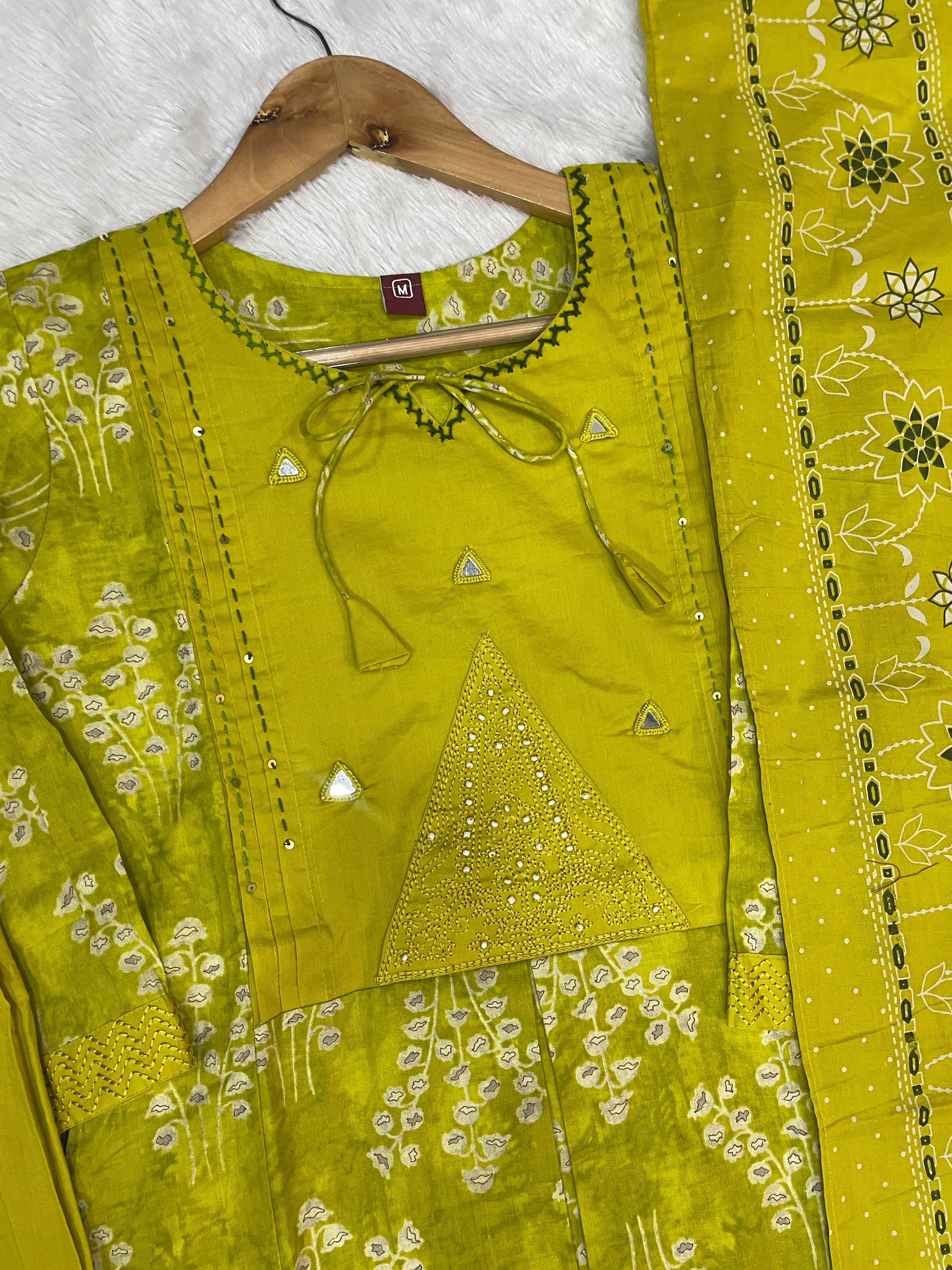 Pure Cotton Embroidered Straight Kurti Set – Yellow Green