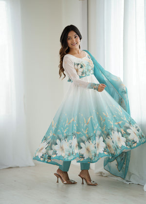 Organza Silk Printed Anarkali Set – Aqua Blue
