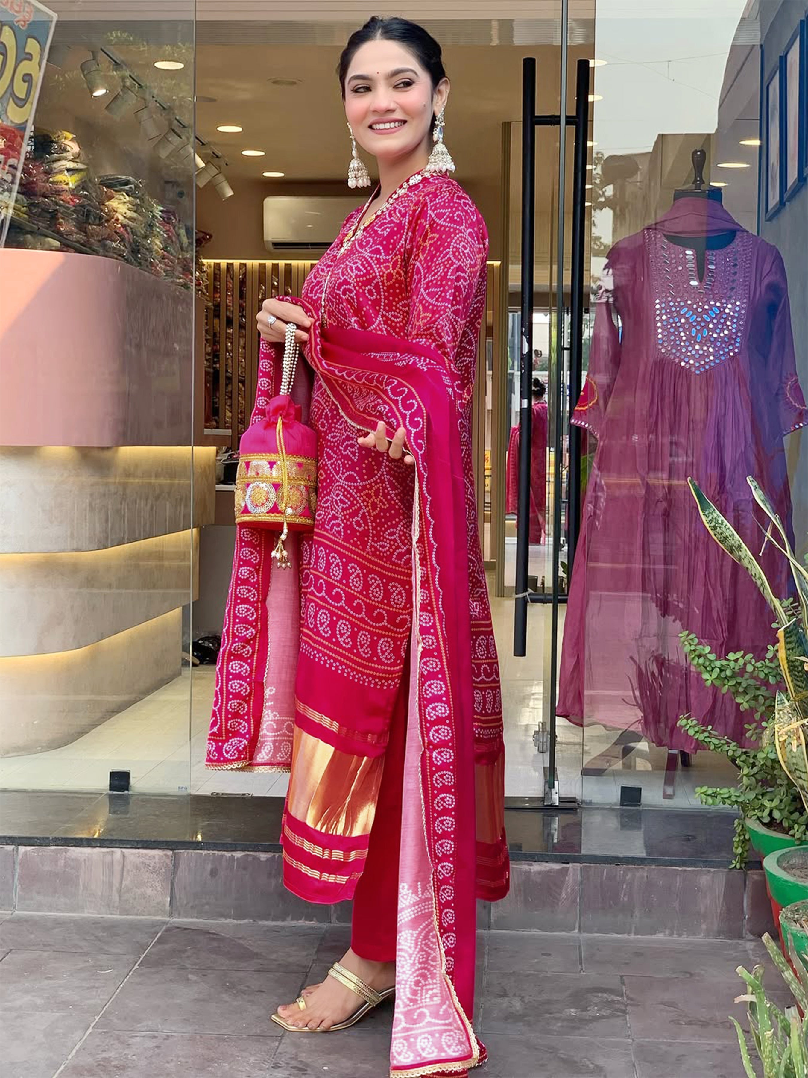 Viscose Silk Embroidered Kurta Pant Dupatta Set – Rani Pink