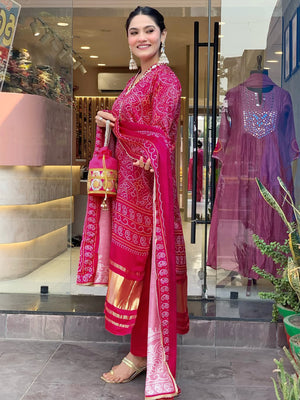 Viscose Silk Embroidered Kurta Pant Dupatta Set – Rani Pink