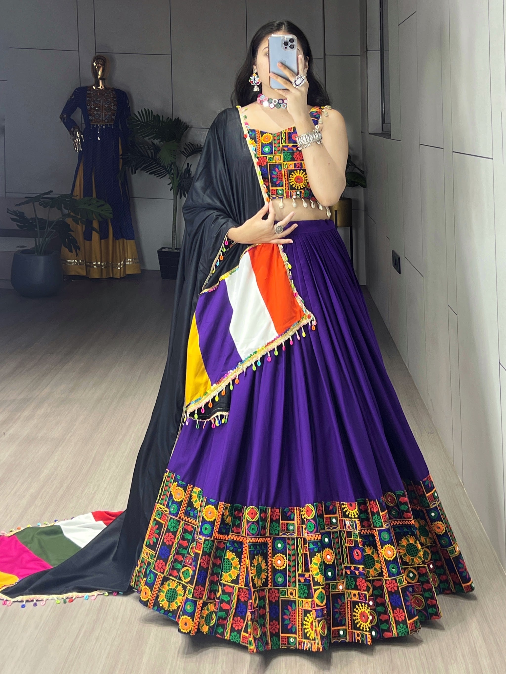 Navratri Purple Gamthi Mirror Work Lehenga Set