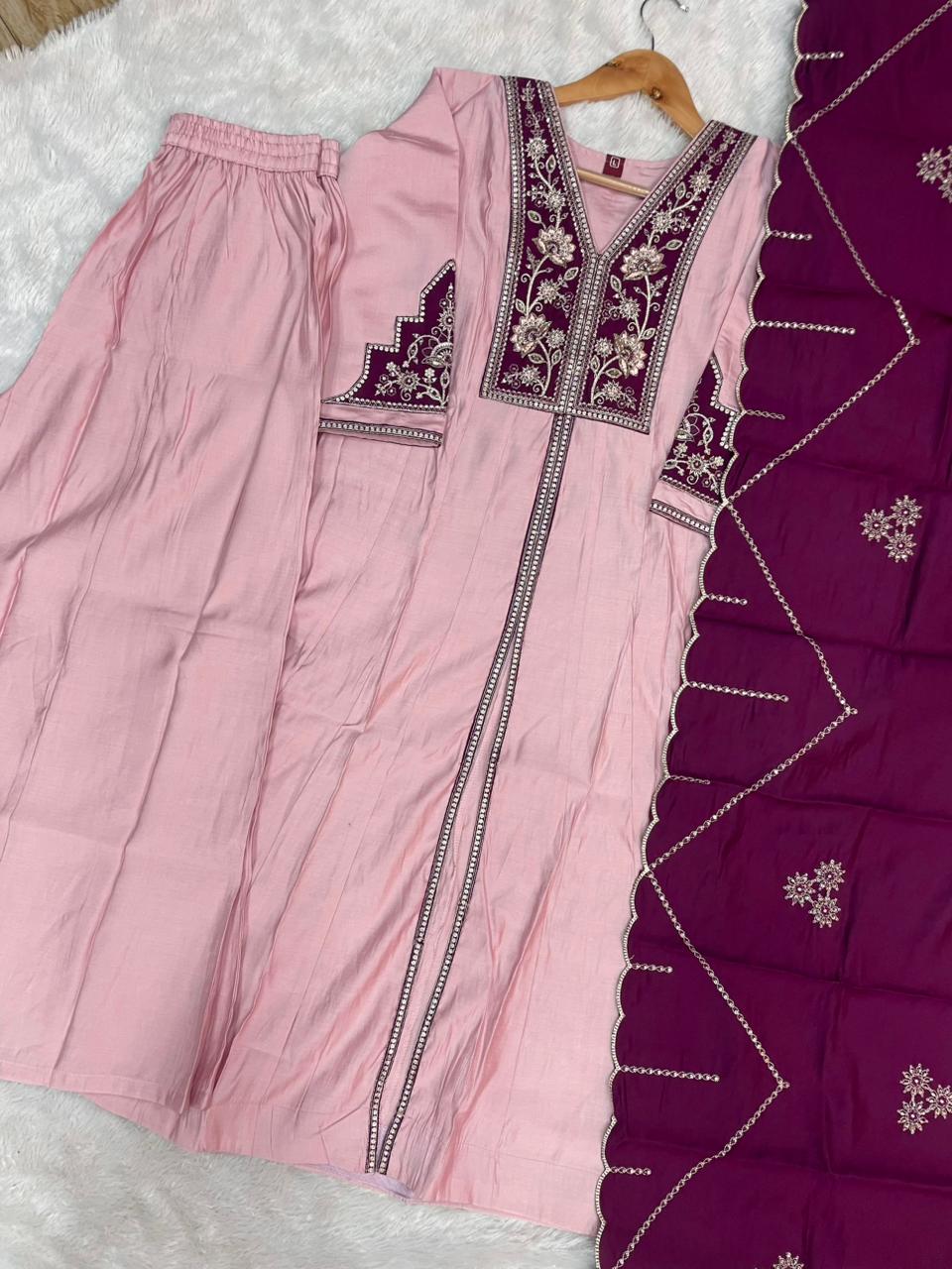 Roman Silk Embroidered Anarkali Kurti Set – Baby Pink