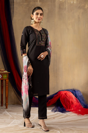 Roman Silk Embroidered Straight Kurti Set – Black