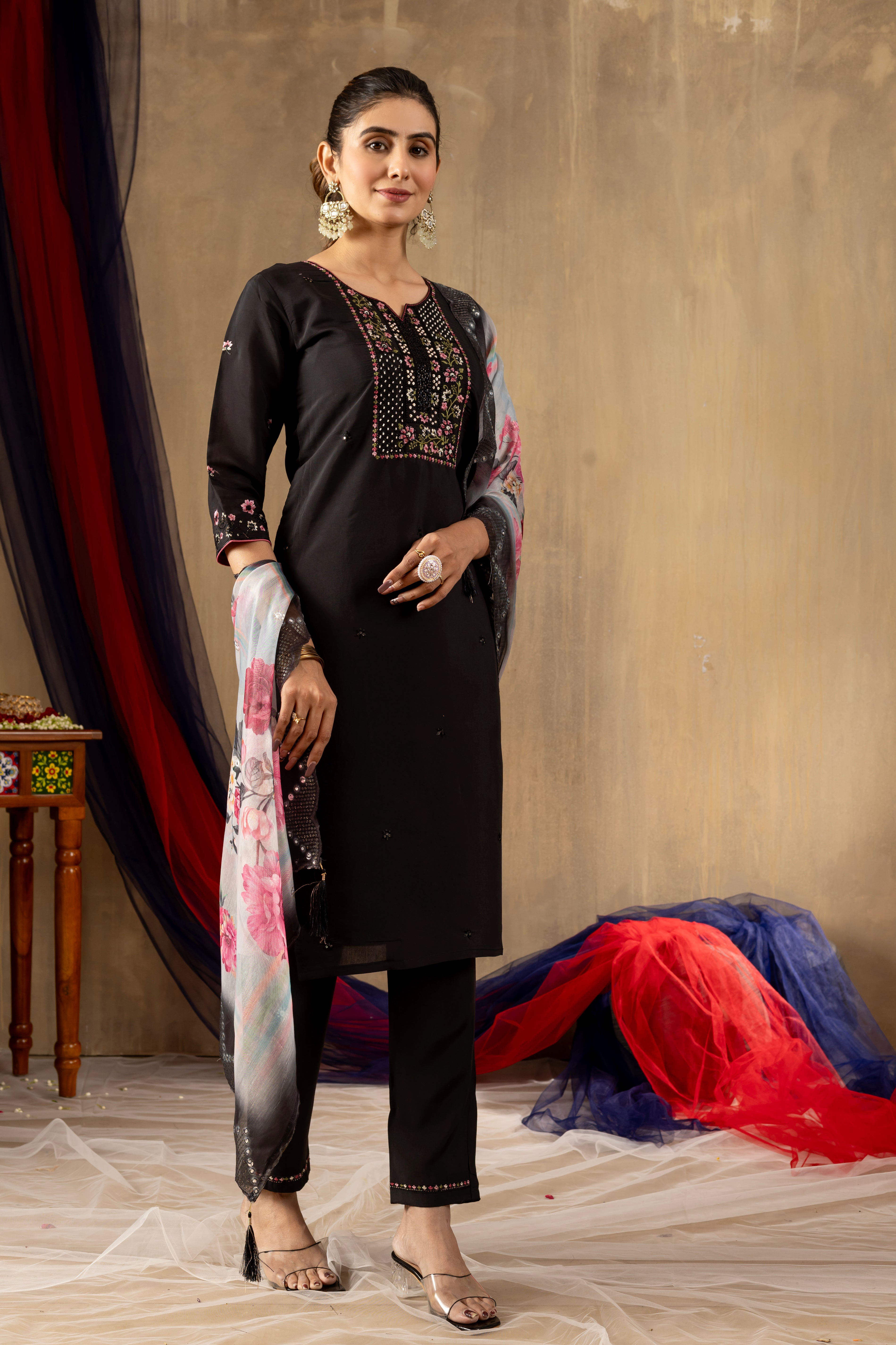 Roman Silk Embroidered Straight Kurti Set – Black
