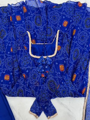 Soft Lightweight Chiffon Bandhej Fabric Inner Micro Cotton Embroidered Anarkali Set – Blue
