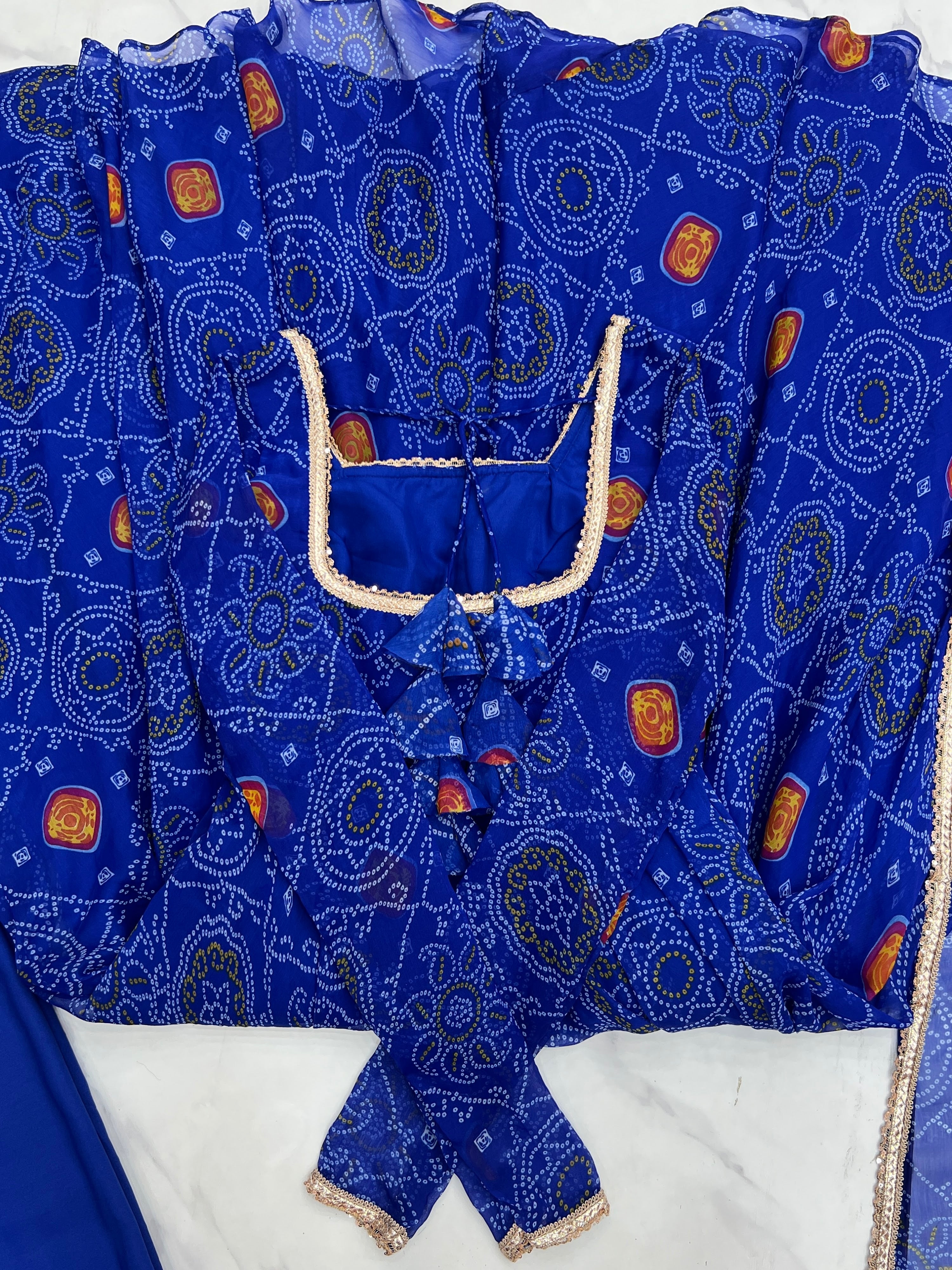 Soft Lightweight Chiffon Bandhej Fabric Inner Micro Cotton Embroidered Anarkali Set – Blue