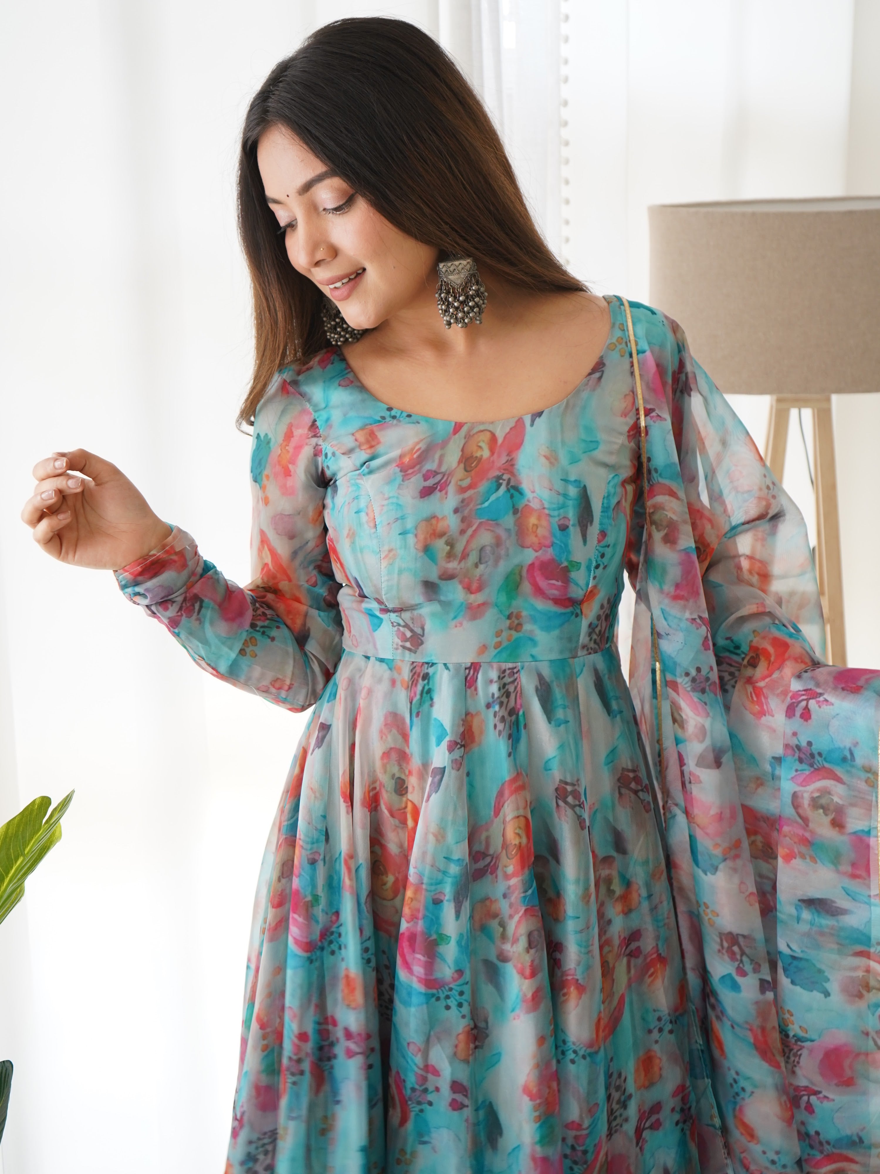 Organza Silk Printed Anarkali Set – Sky Floral