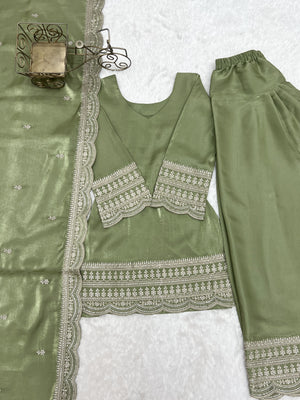 Glass Roman Silk Embroidered Farshi Salwar Set – Sage Green