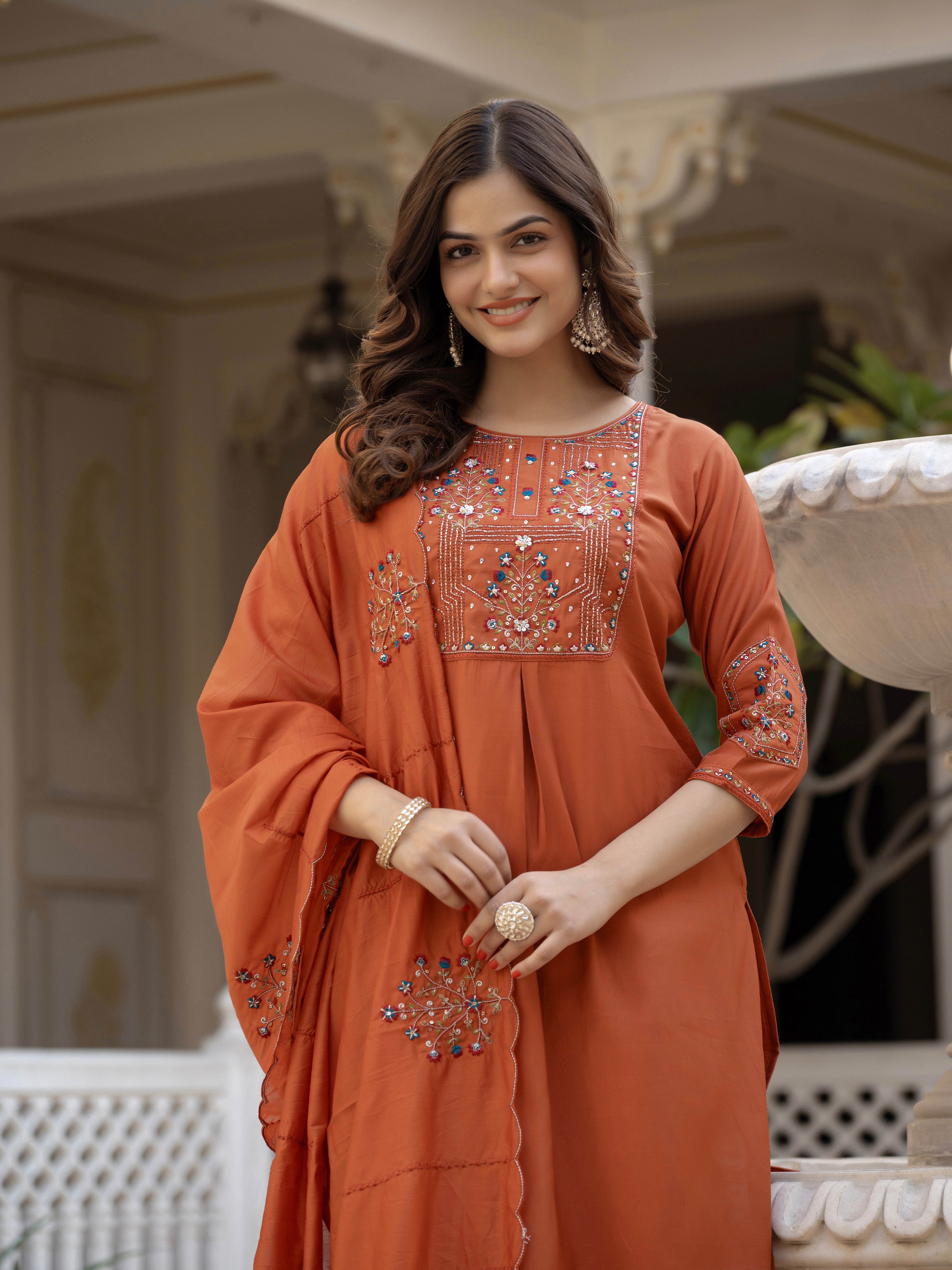 Pure Viscose Mango Silk Embroidered Straight Kurti Set – Rust