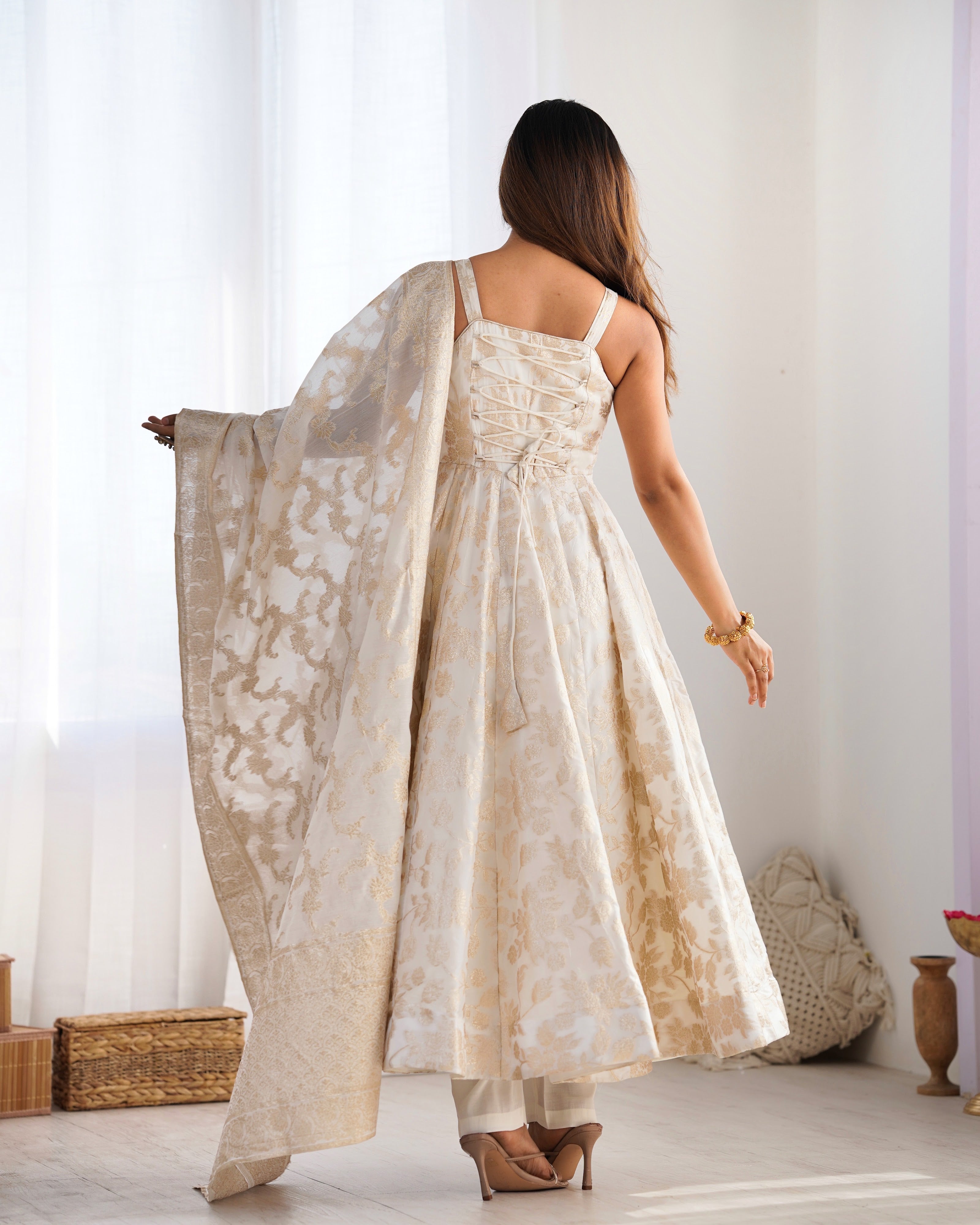 Fancy Banarasi Jackquard Dola Silk Fabric Designer Anarkali Set – Ivory
