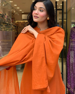 Rayon Slub Embroidered Kurta Pant Dupatta Set – Orange