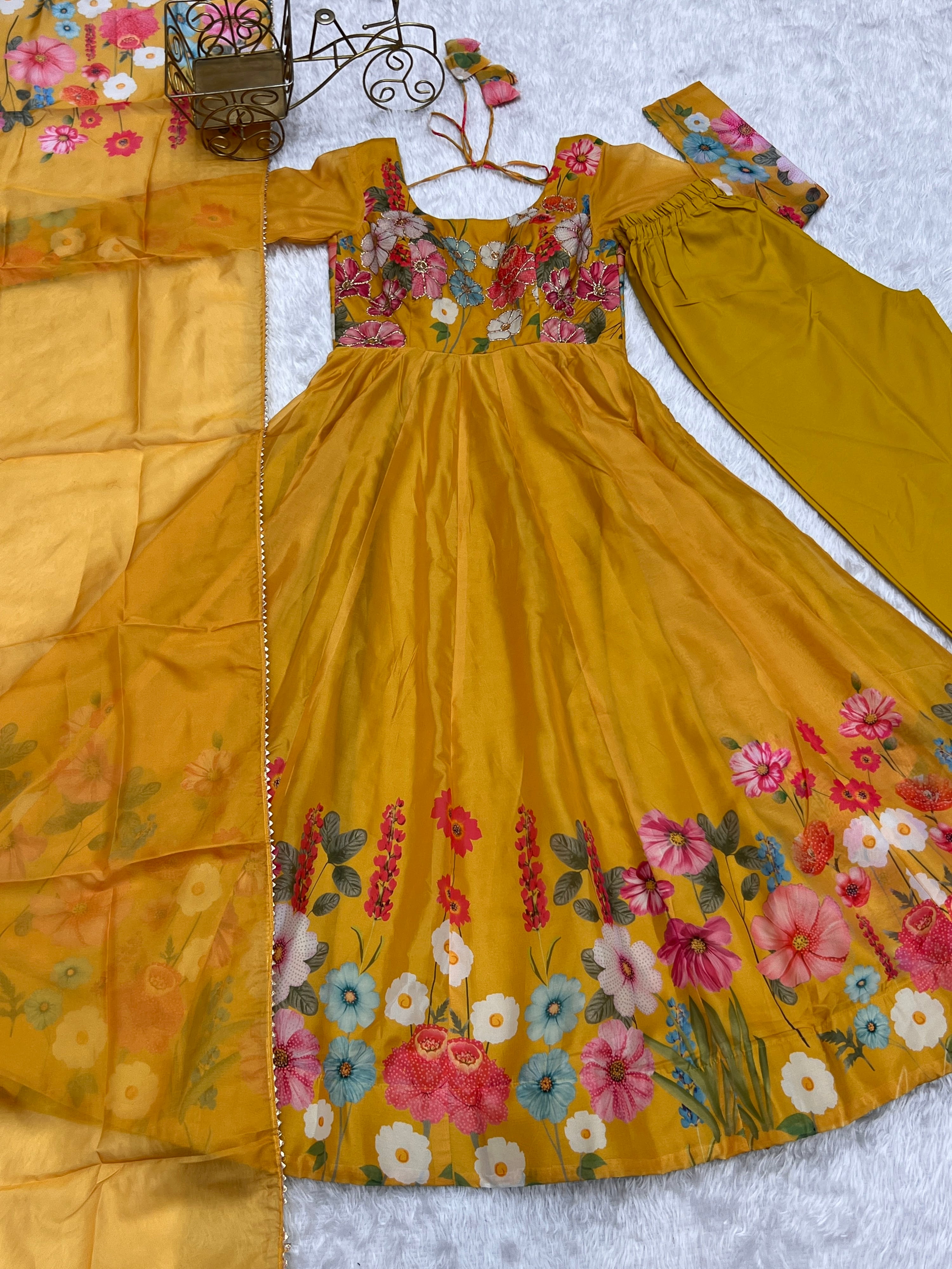 Organza Silk Printed Anarkali Set – Yellow