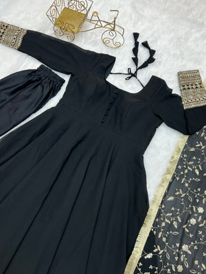 Georgette Embroidered Gown Set – Black