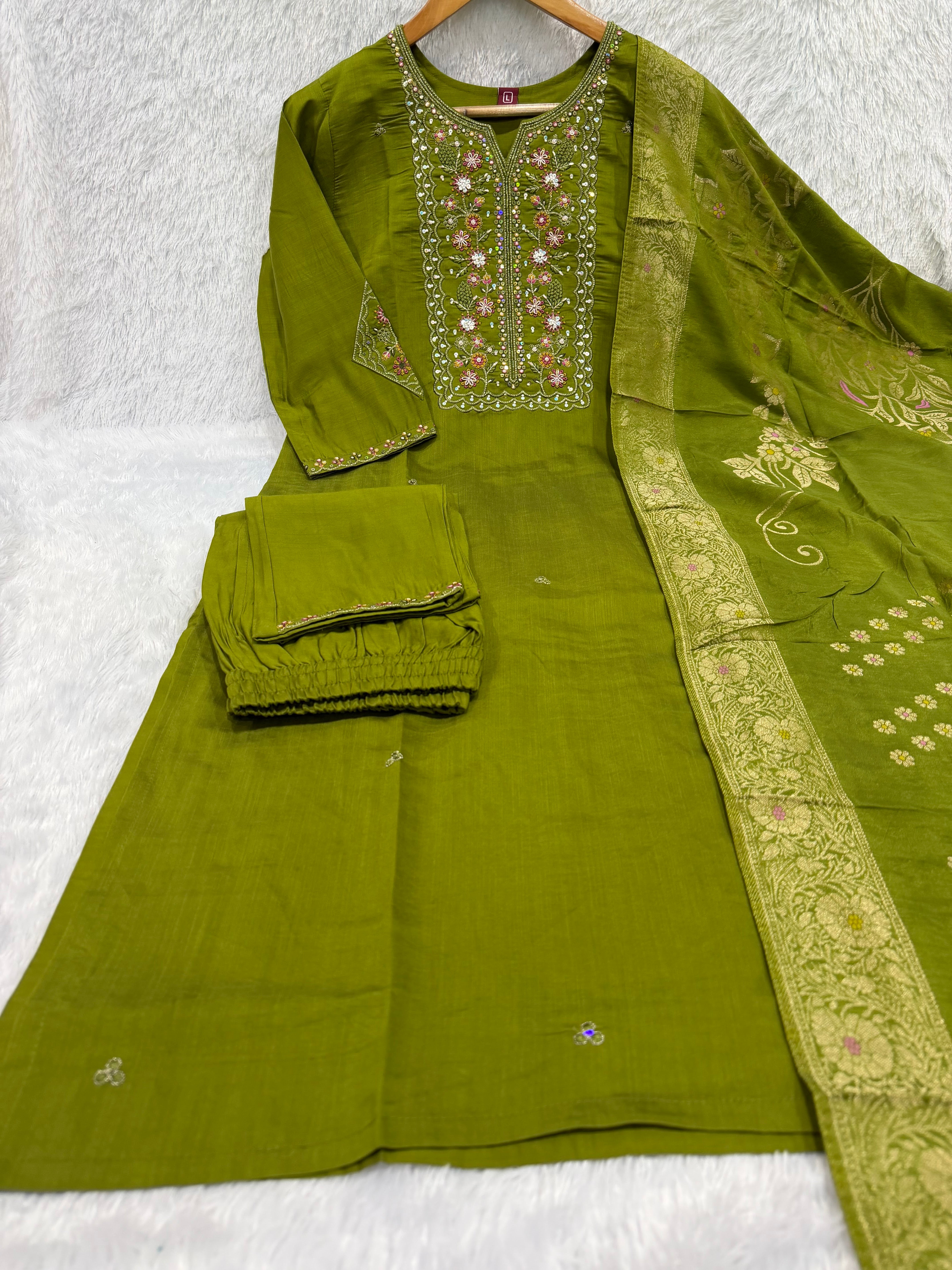 Pure Viscose Mango Silk Embroidered Straight Kurti Set – Mehndi