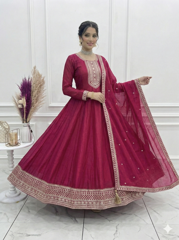 Vichitra Silk Embroidered Gown Set – Dark Pink
