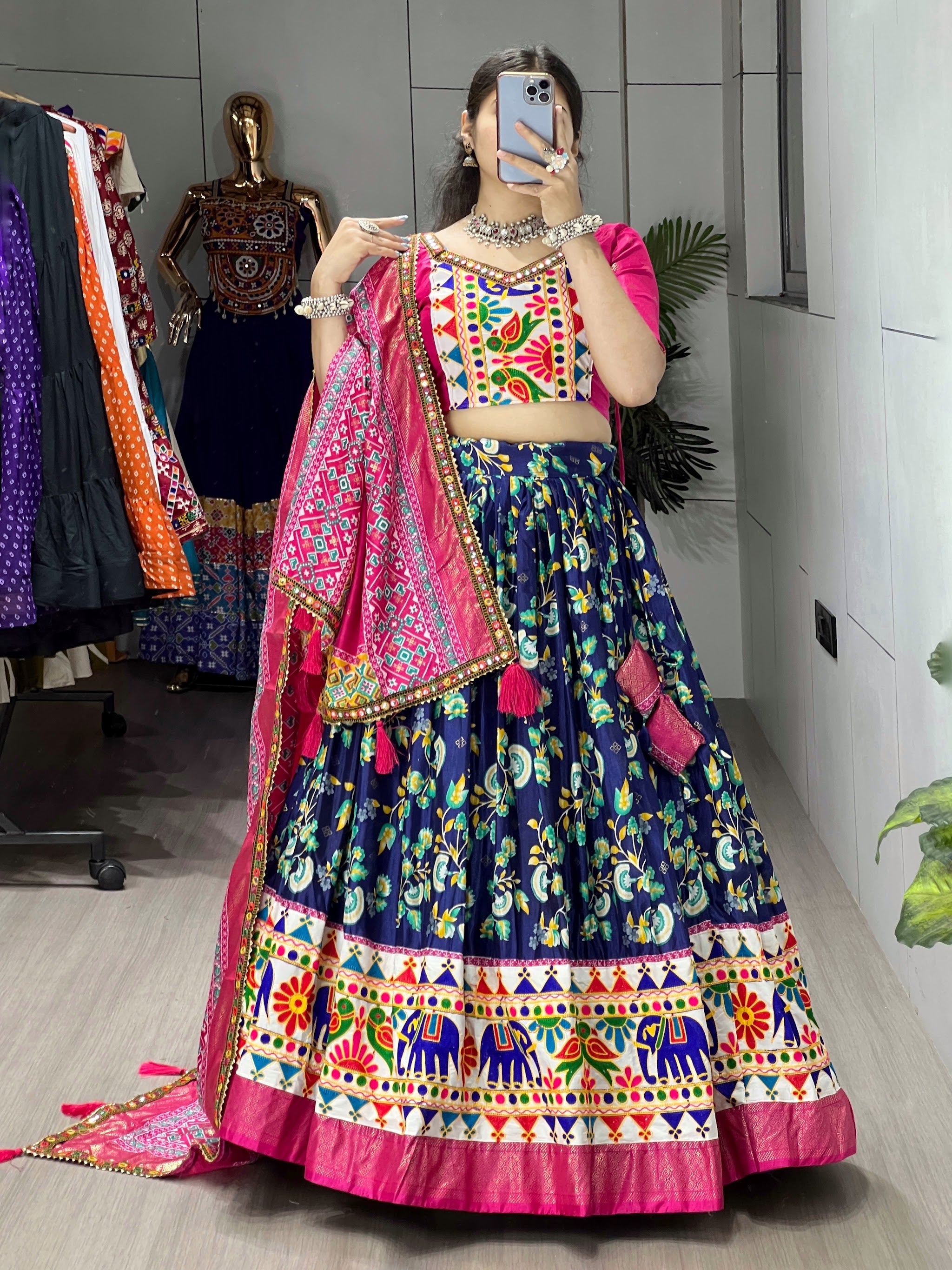 Navratri Navy Blue Floral Dola Lehenga Set - Blouse Unstitched
