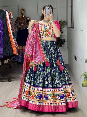 Navratri Navy Blue Floral Dola Lehenga Set - Blouse Unstitched