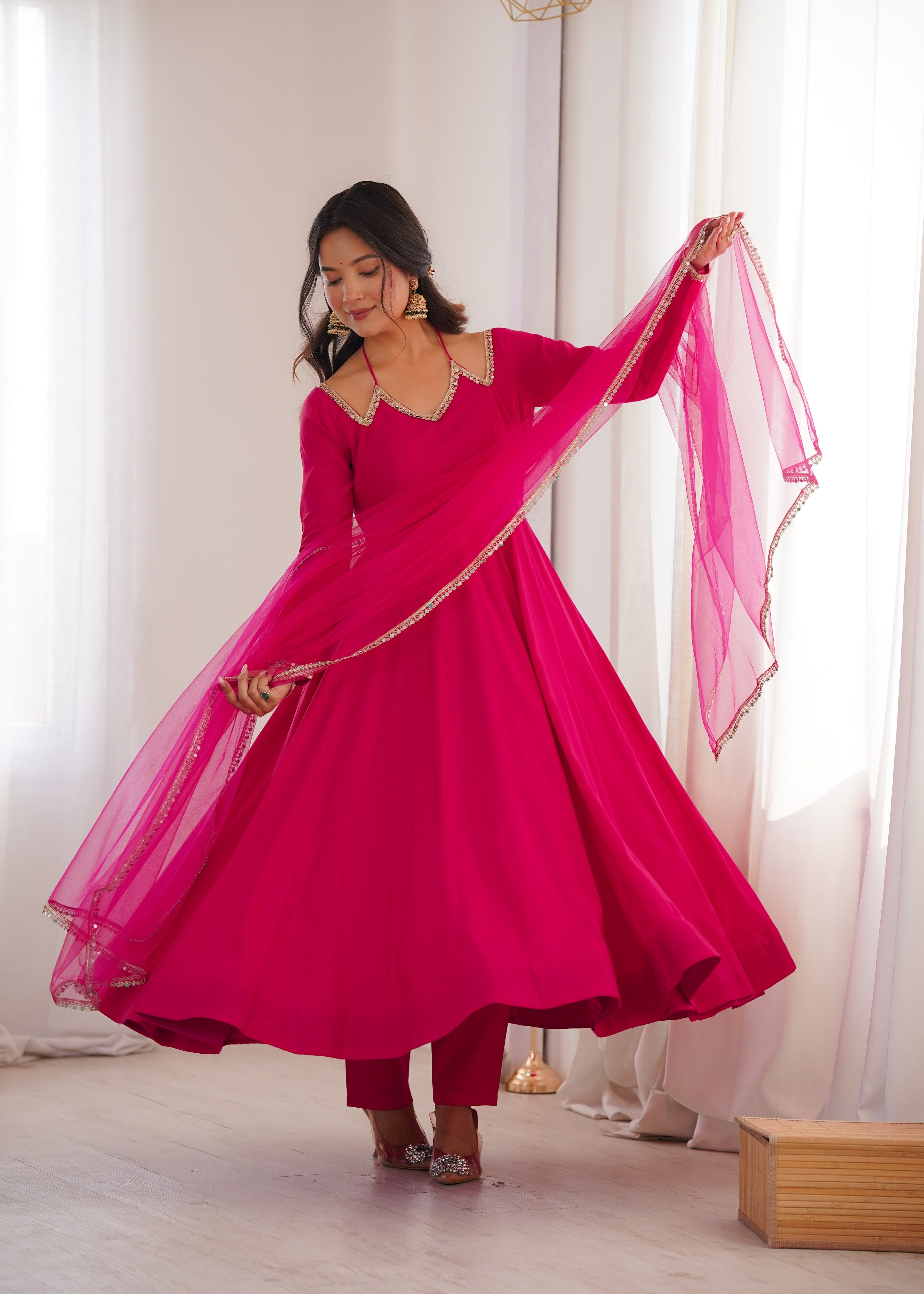 Roman Chanderi Silk Embroidered Anarkali Set – Dark Pink