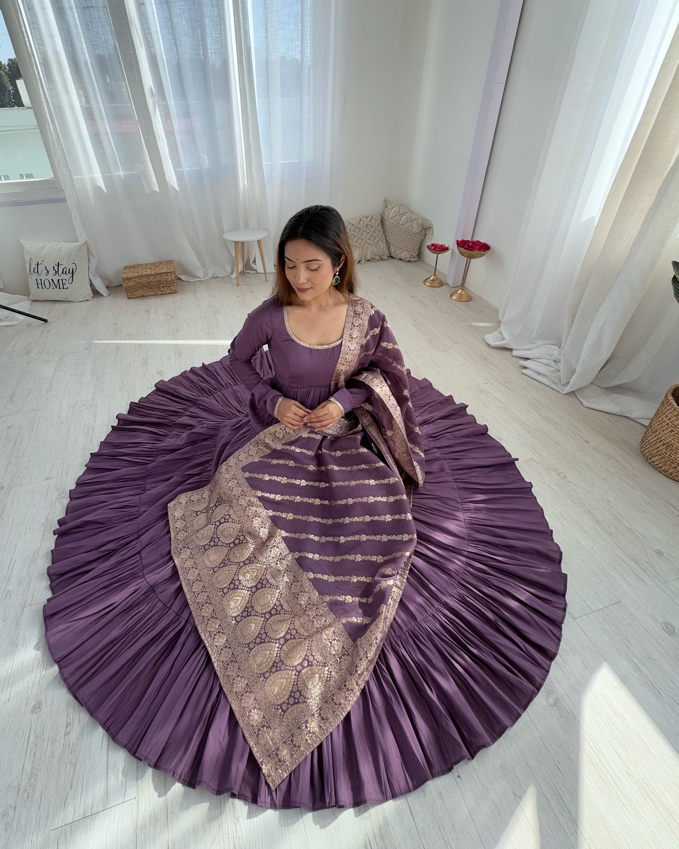 Roman Chanderi Silk Embroidered Anarkali Set – Purple