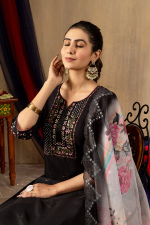 Roman Silk Embroidered Straight Kurti Set – Black