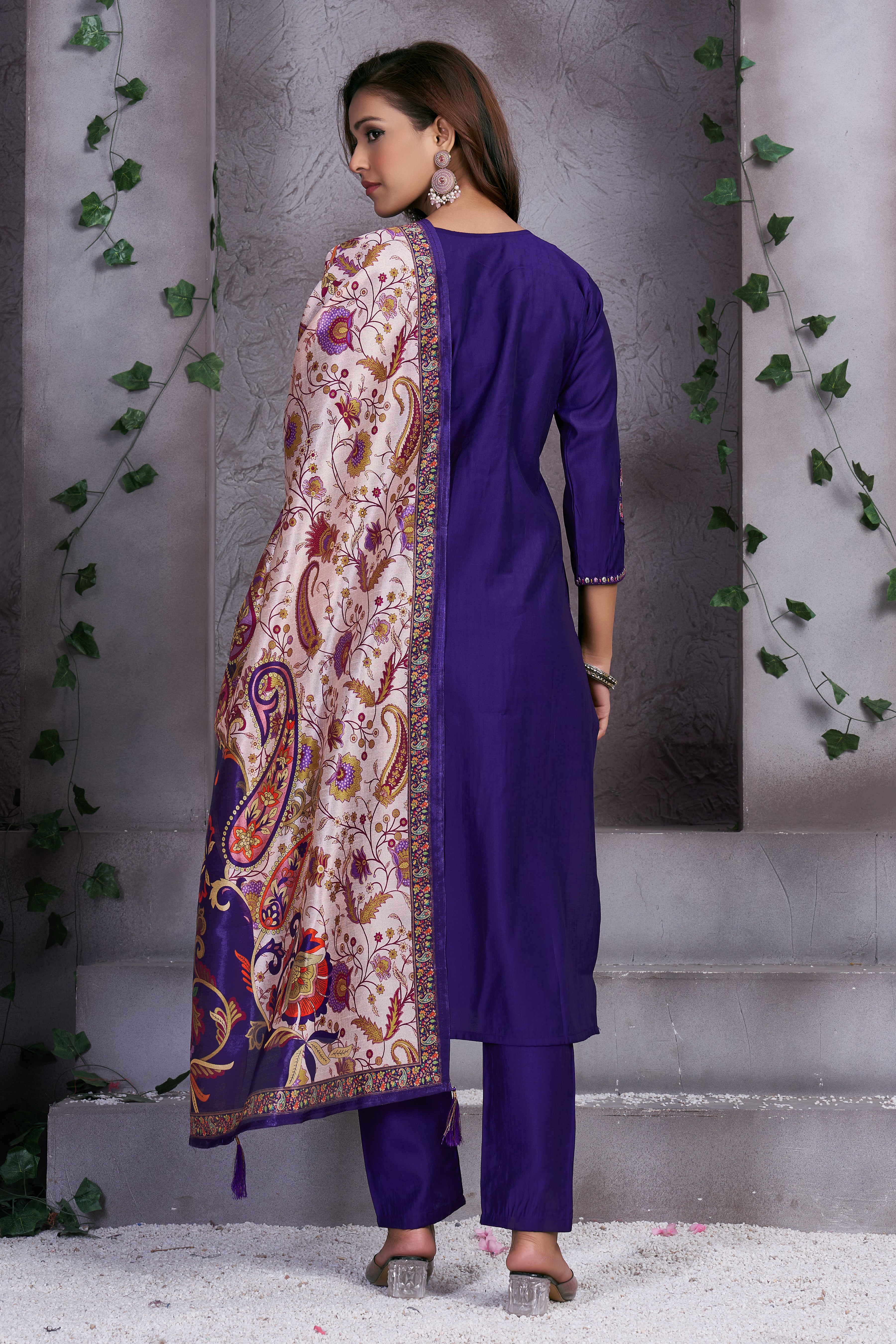 Premium Marina Silk Embroidered Straight Kurti Set – Violet