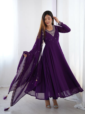 Georgette Embroidered Anarkali Set – Purple