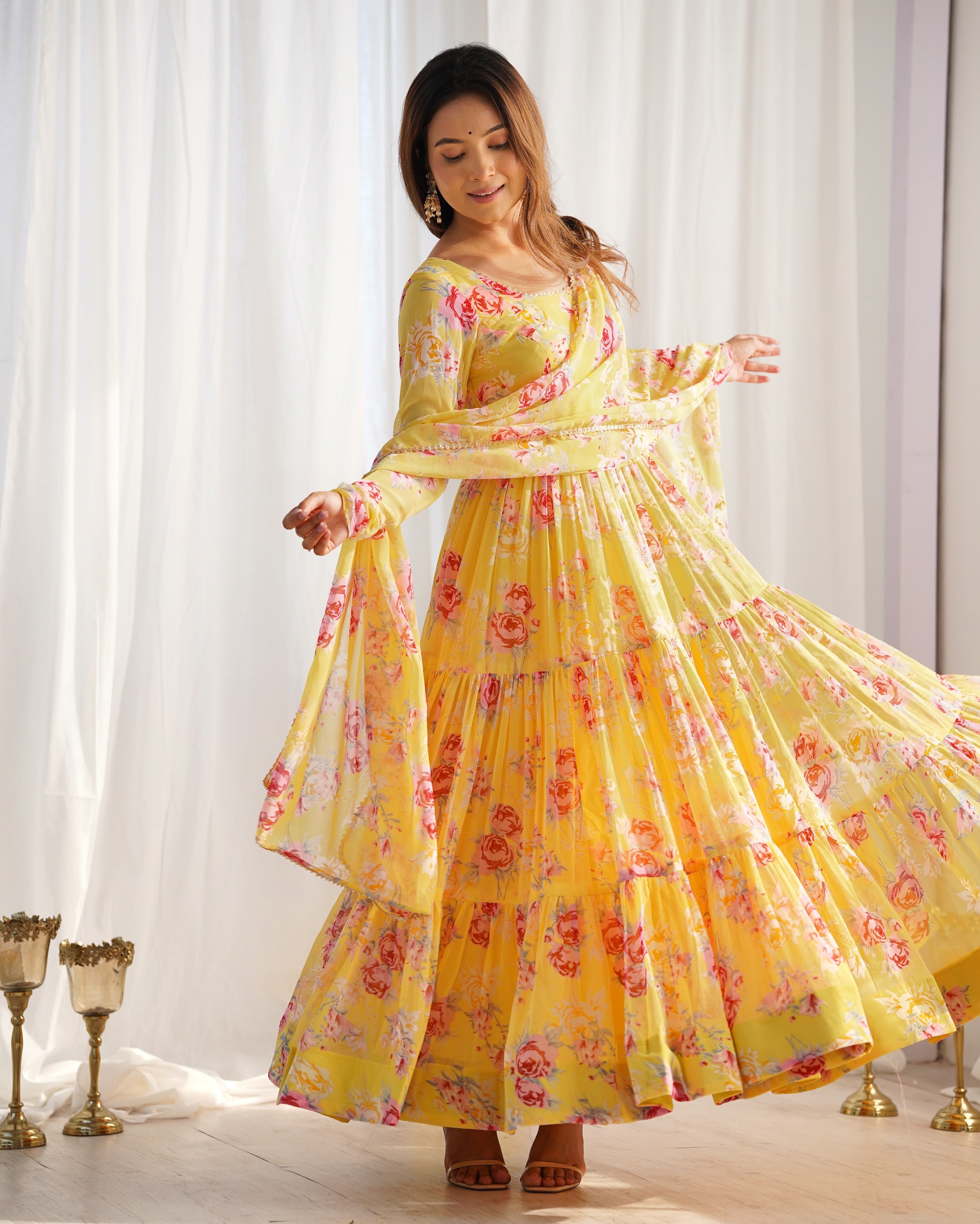 Georgette Printed Anarkali Set – Yellow