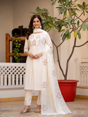 Pure Viscose Mango Silk Embroidered Straight Kurti Set – White