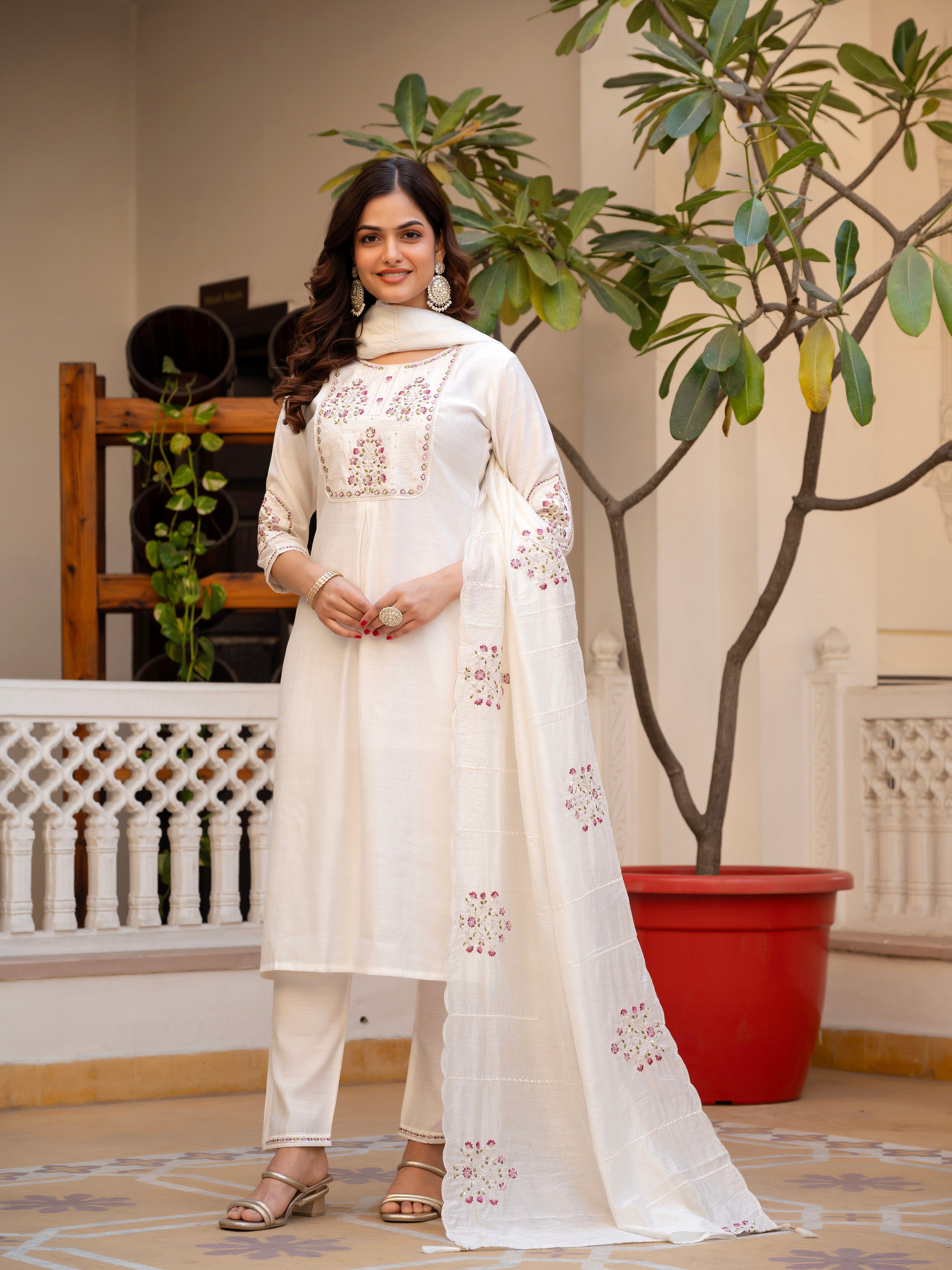 Pure Viscose Mango Silk Embroidered Straight Kurti Set – White