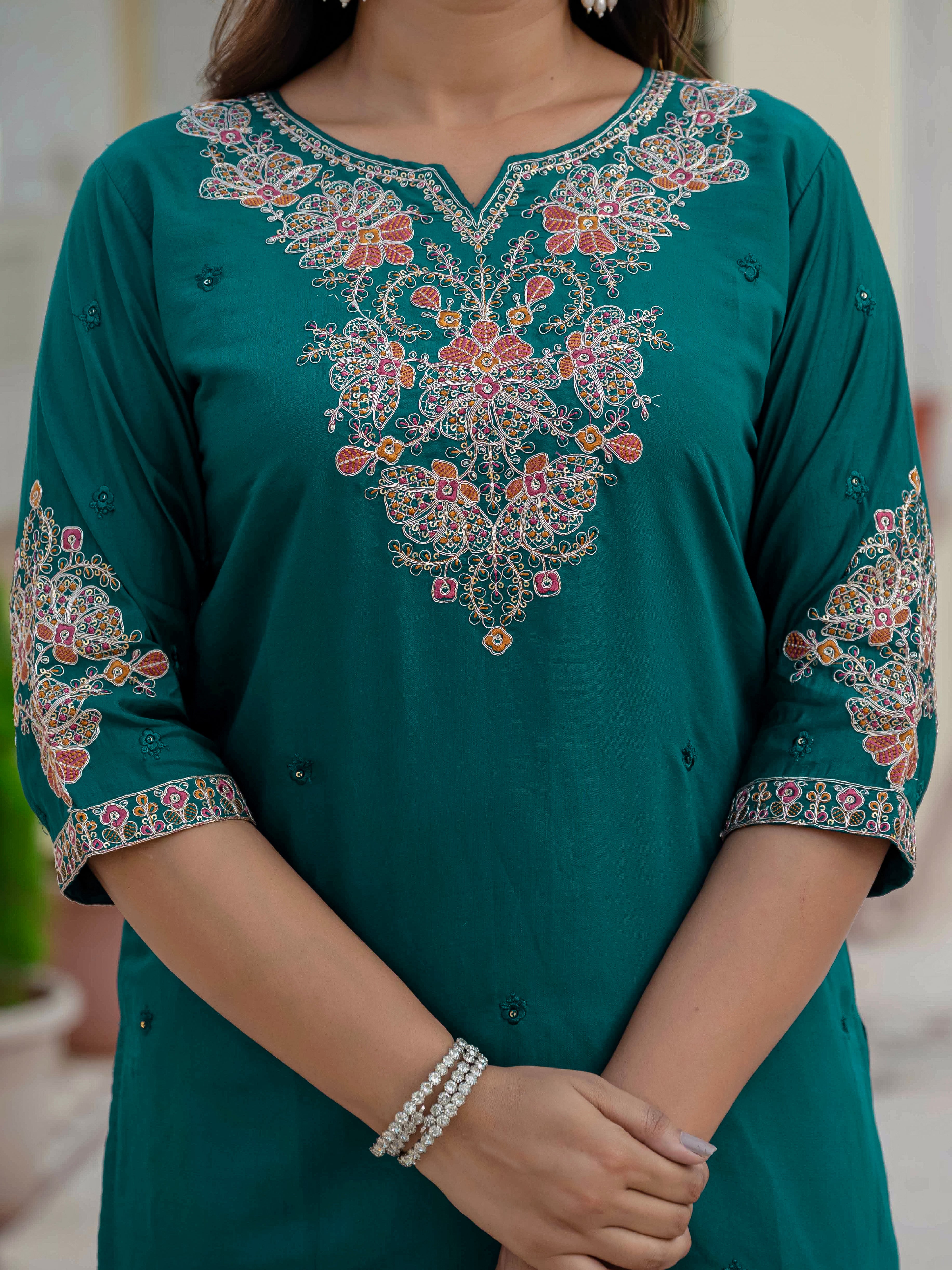 Premium Roman Silk Embroidered Straight Kurti Set – Rama Green