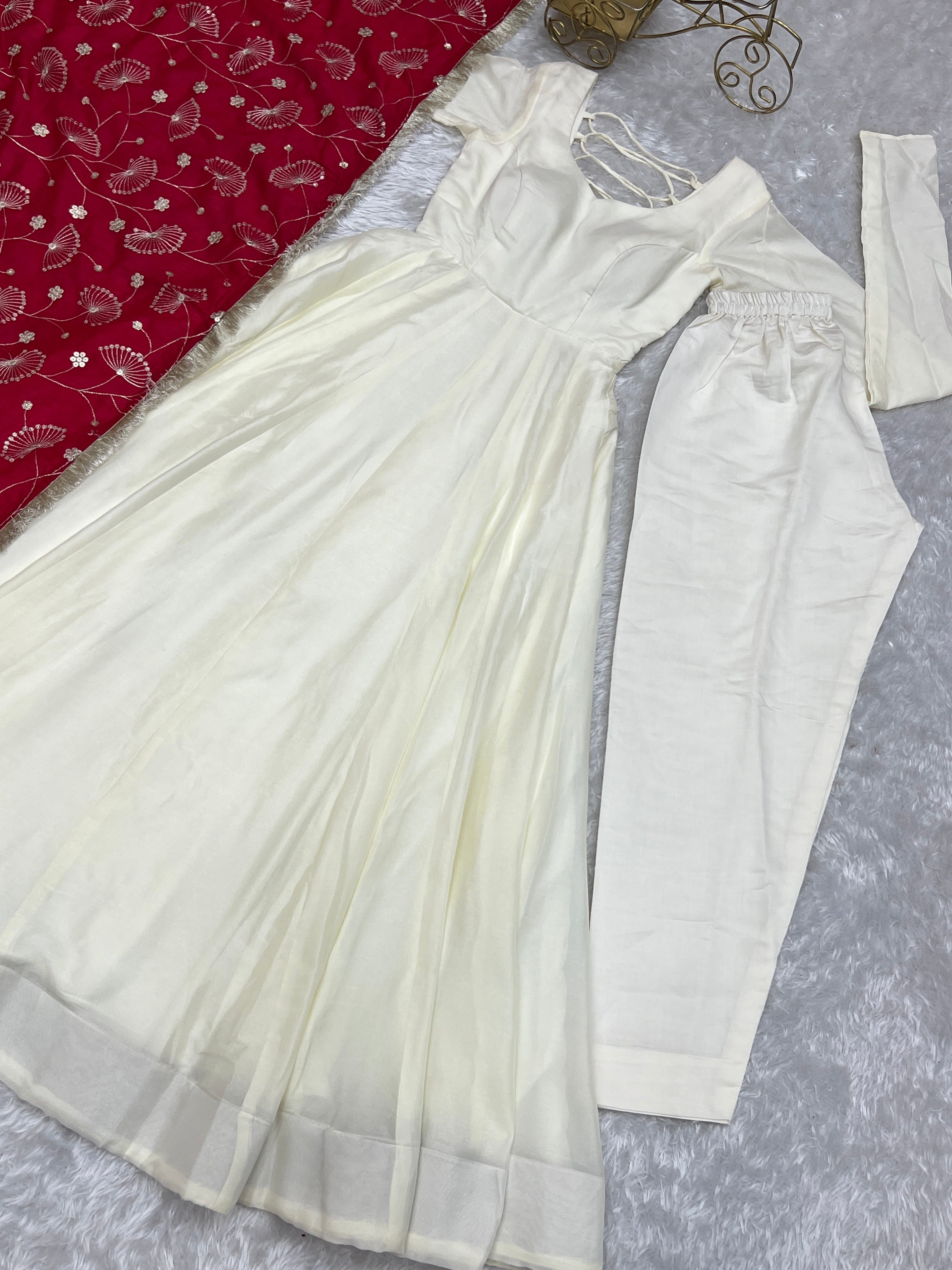 Vichitra Silk Designer Anarkali Set – Ivory & Rani Pink