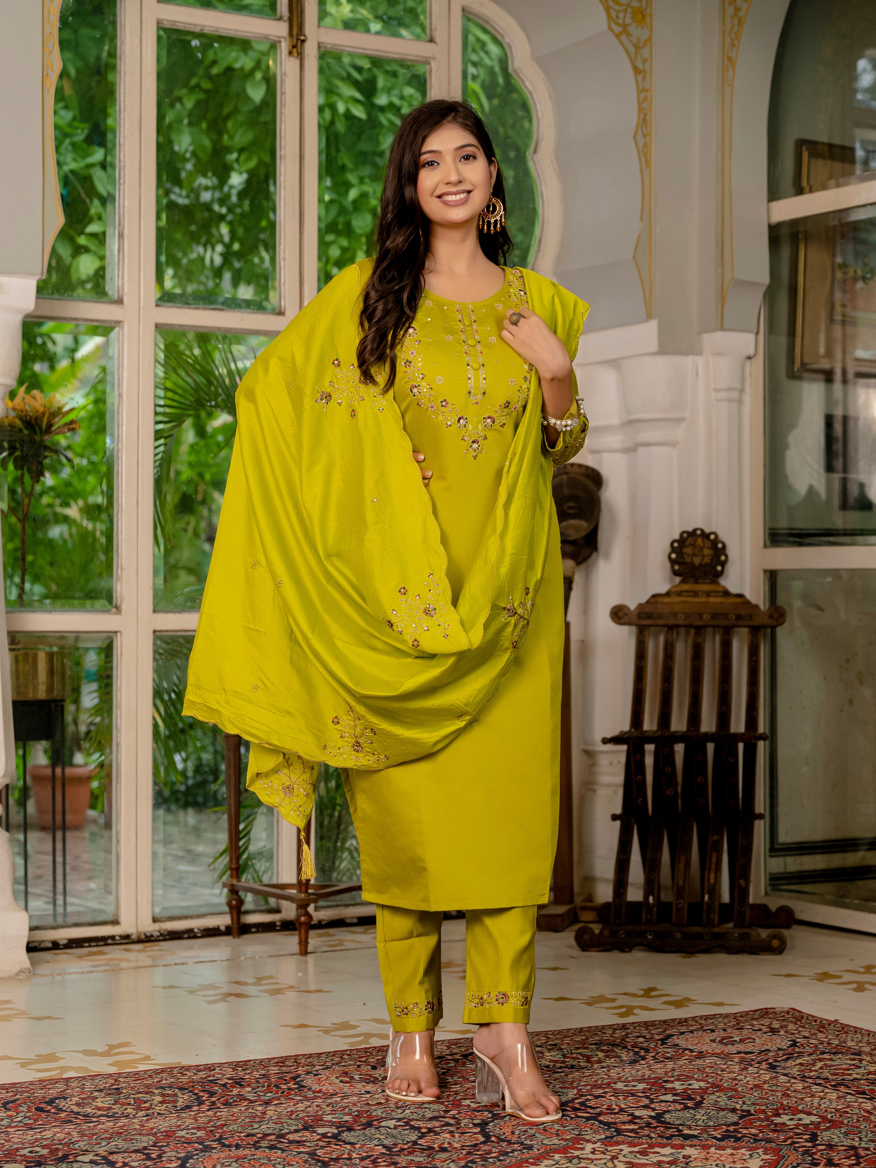 Marina Silk Embroidered Straight Kurti Set – Mustard Yellow